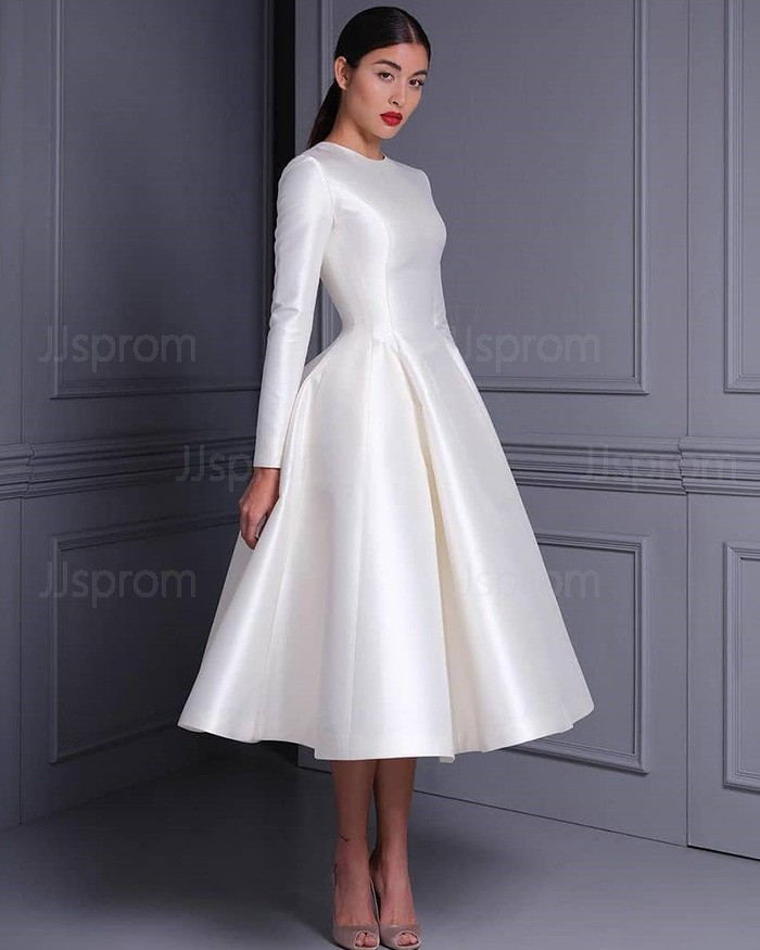 Buy jewel satin ankle length white simple wedding dress with long ...