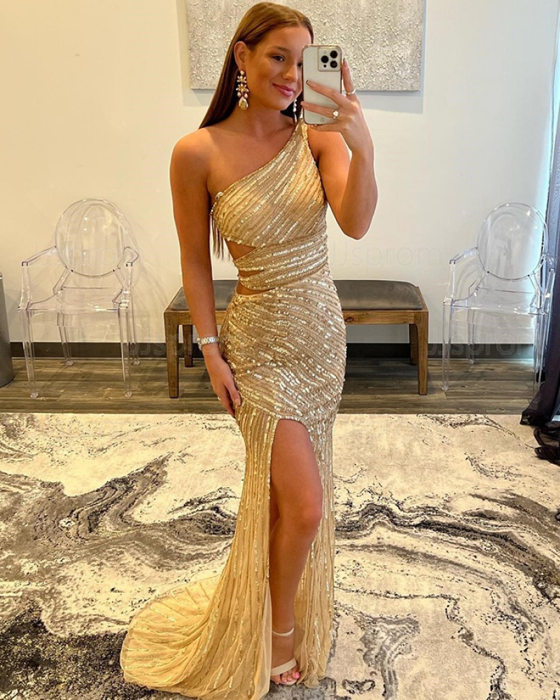 Buy gold strappy sequin one shoulder cutout prom dress with side slit  online at