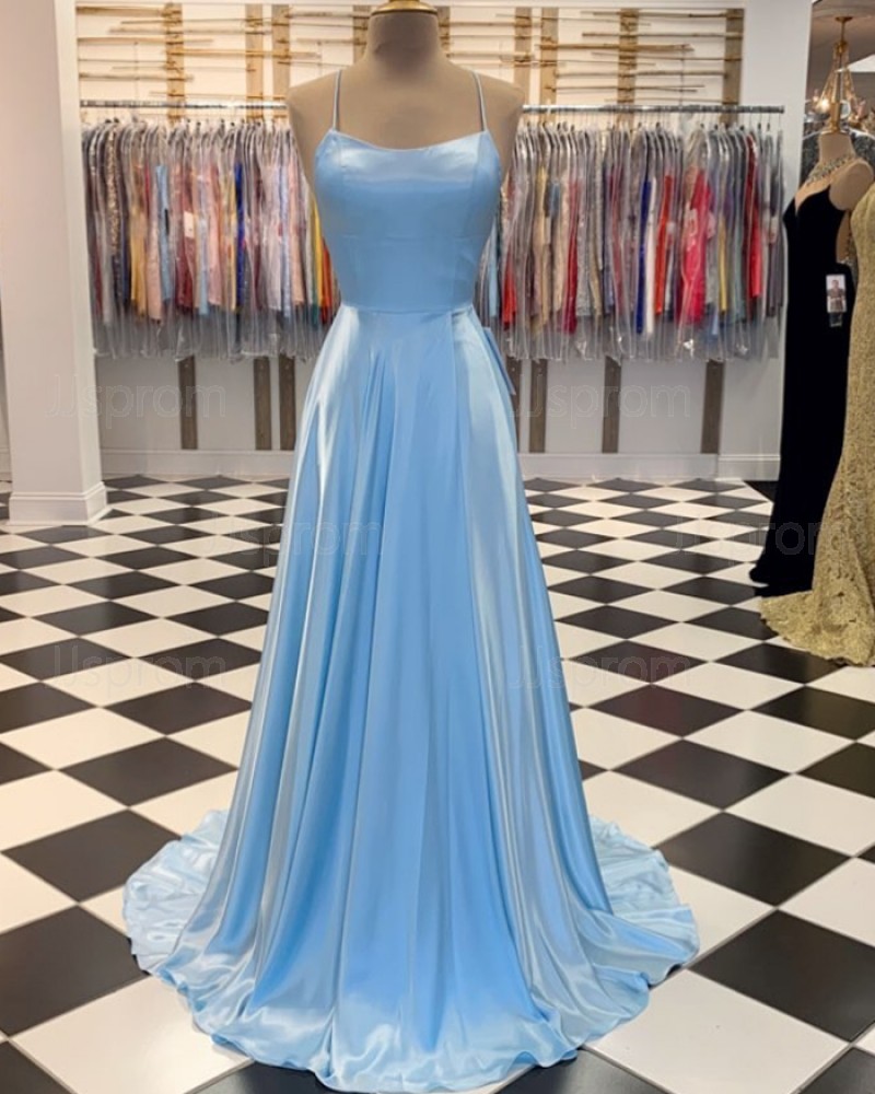 satin light blue prom dress